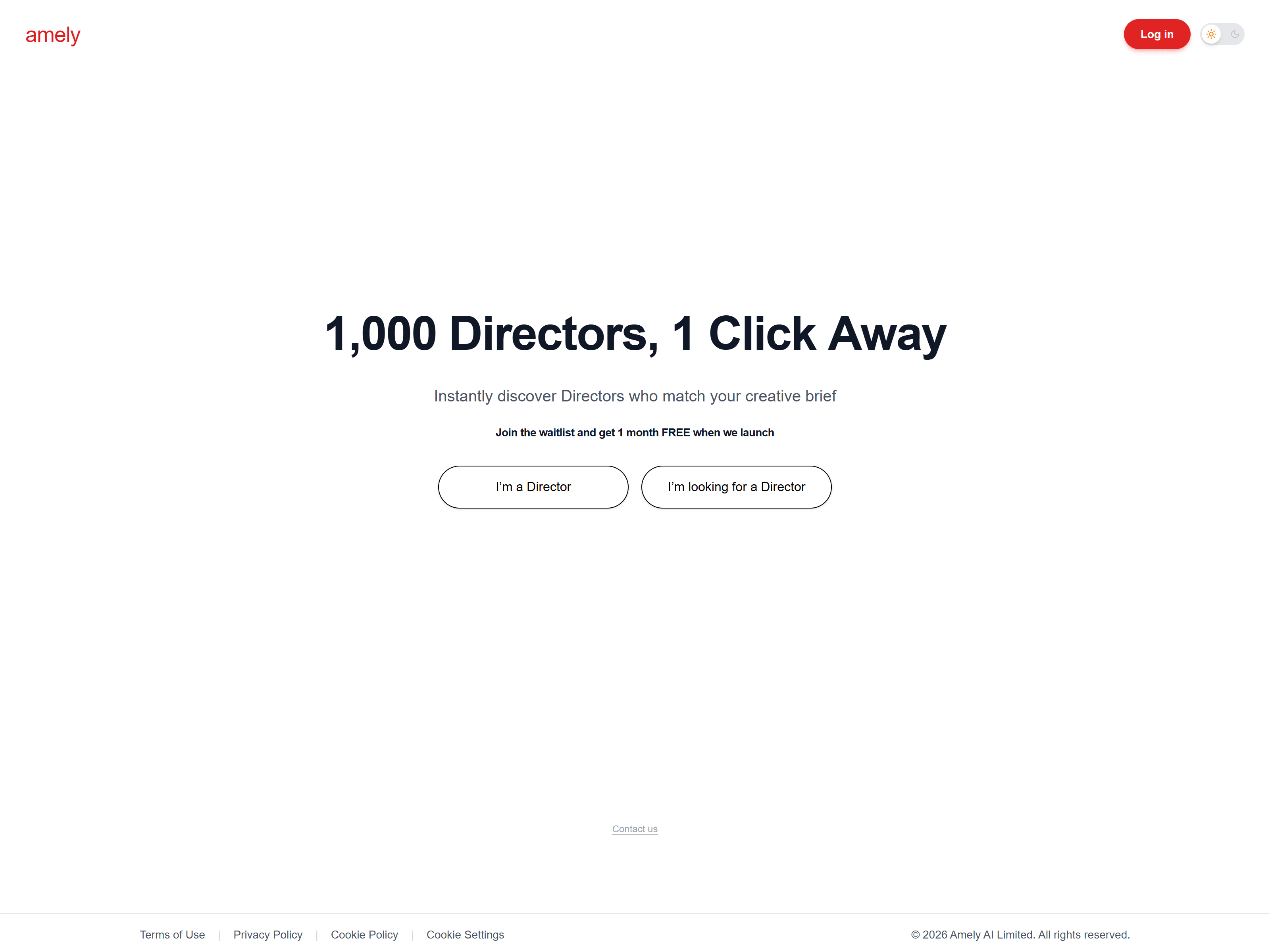 Amely waitlist landing page, with separate sign-up paths for directors and people looking for one